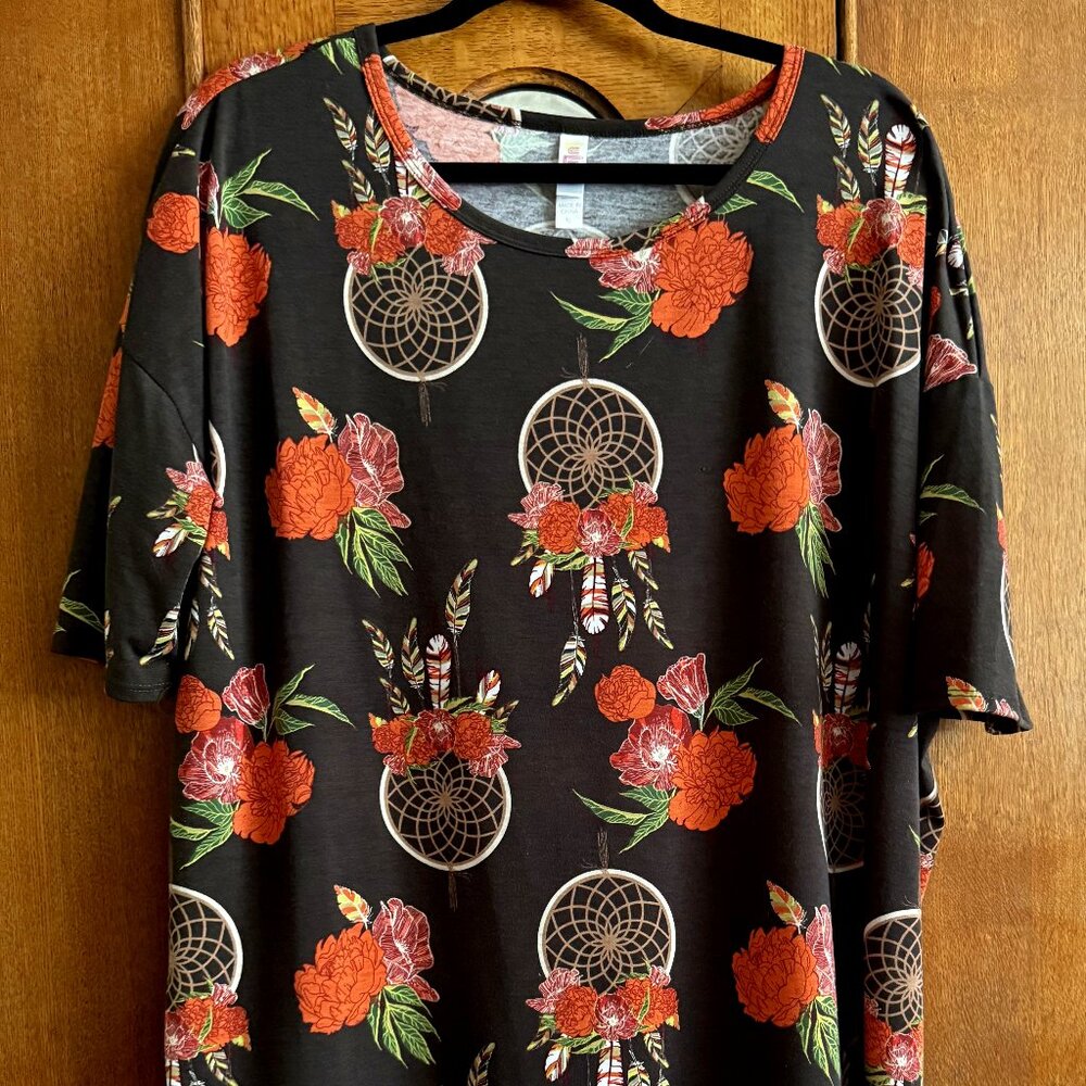 LuLaRoe Irma, size XL. Brown with Orange flowers, & feathers on Dreamcatchers